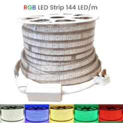 RGB LED Strip 5050 220V 240V 144LEDs/m IP65 Dimmable With Remote -Atom Led ATOM LED RGB LED STRIP 144 LED m IP67 220V www.ukledlights.co .uk