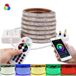RGB LED Strip 220V 240V 60LEDs/m IP65 Wireless Bluetooth App Control With Remote -Atom Led ATOM LED RGB LED STRIP 220V 60LED m ukledlights.co .uk
